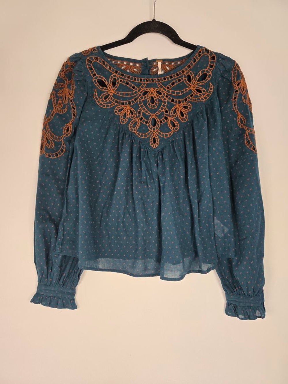 Free People Teal Blouse with Tan Lace Embroidery